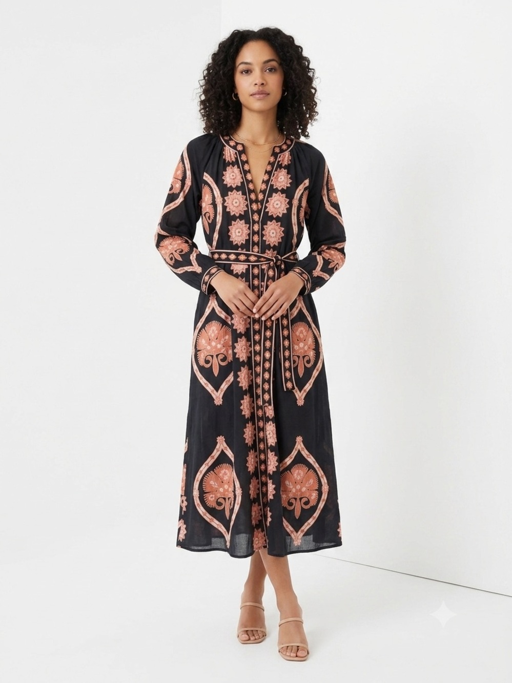 Indu Navy Midi Dress with Coral Floral Print and Tie Waist size M